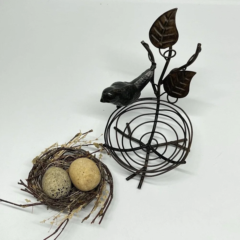 Vintage Decorative Bird Nest Sitter Solid Metal, Twigs & Real Rock Eggs Rustic